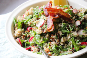 Quinoa salad, pancetta salad, radish salad, raw vegetable salad