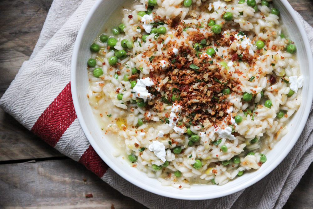 Goats Cheese and Pea Risotto with Pancetta Pangrattato